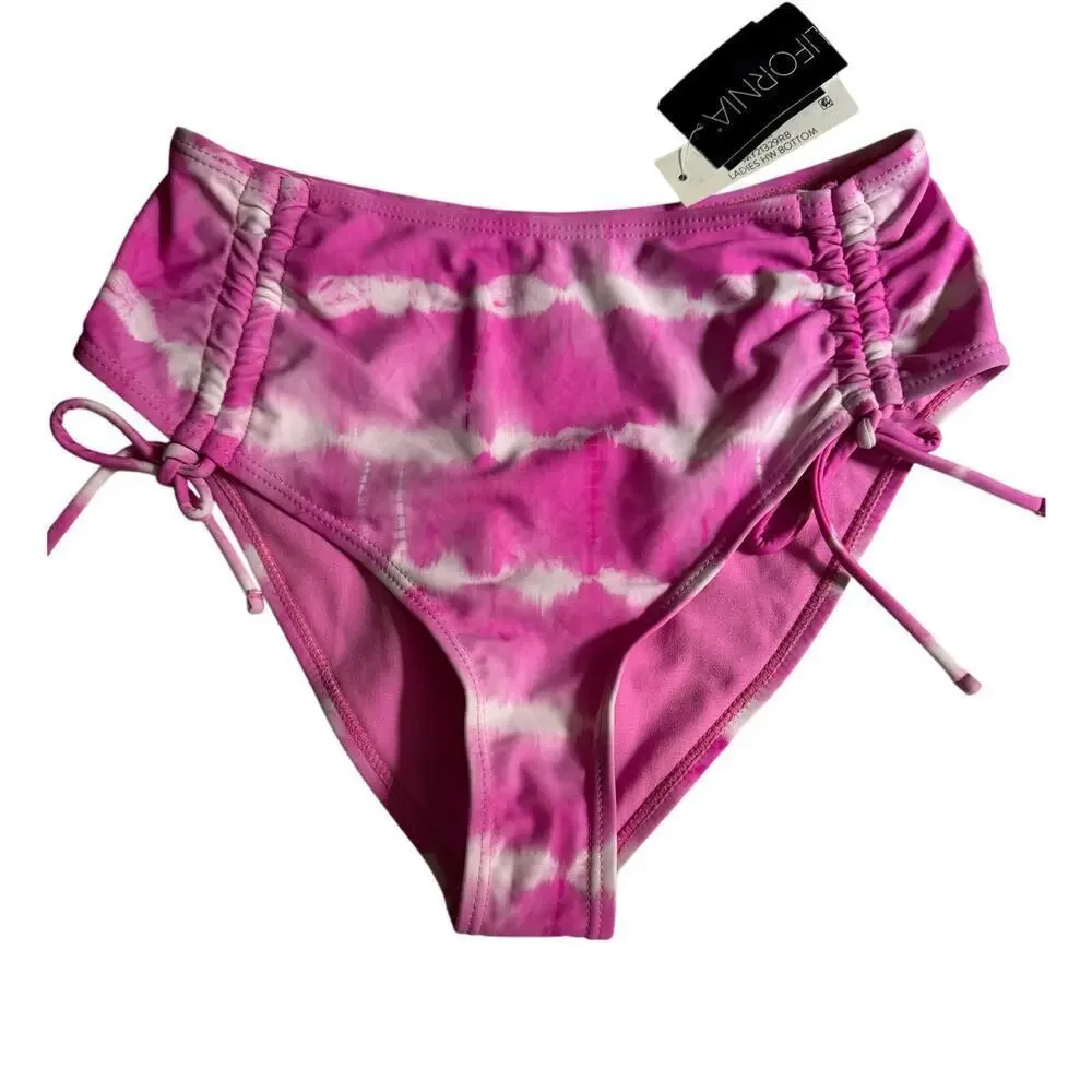 NWT California Waves tie-dyed pink and white high waisted cheeky ruffled bottom